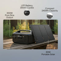 245Wh River 3 Power Station with 60W Solar Panel, 300W Output/Surge 600W, LFP Power Station, Home Backup, Camping — infographic