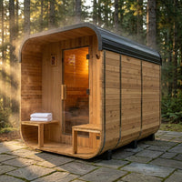 Backyard Discovery Lennon 4-6 Person Traditional Cedar Outdoor Cube Sauna with Porch, Electric Sauna Heater, Sauna Rocks, Dry Heat, Steam Sauna, LED Lights, Wi-Fi Control, Sauna Accessories — Studio Shot