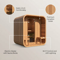 Backyard Discovery Lennon 4-6 Person Traditional Cedar Outdoor Cube Sauna with Porch, Electric Sauna Heater, Sauna Rocks, Dry Heat, Steam Sauna, LED Lights, Wi-Fi Control, Sauna Accessories — infographic