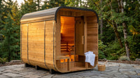 Backyard Discovery Lennon 4-6 Person Traditional Cedar Outdoor Cube Sauna with Porch, Electric Sauna Heater, Sauna Rocks, Dry Heat, Steam Sauna, LED Lights, Wi-Fi Control, Sauna Accessories — Lifestyle