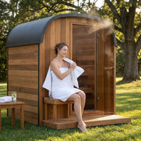 Backyard Discovery Lennon 4-6 Person Traditional Cedar Outdoor Cube Sauna with Porch, Electric Sauna Heater, Sauna Rocks, Dry Heat, Steam Sauna, LED Lights, Wi-Fi Control, Sauna Accessories — Lifestyle