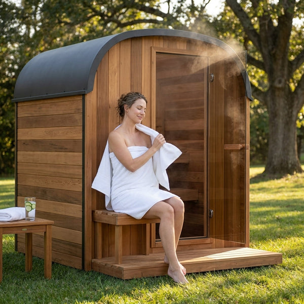 Outdoor Sauna Built for Year-Round Use, 4-6 Person Cedar Cube, Electric Heater, WiFi Control, LED Lighting