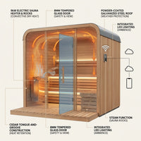 Backyard Discovery Lennon 4-6 Person Traditional Cedar Outdoor Cube Sauna with Porch, Electric Sauna Heater, Sauna Rocks, Dry Heat, Steam Sauna, LED Lights, Wi-Fi Control, Sauna Accessories — How It Works