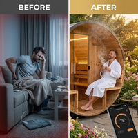 Outdoor Barrel Sauna Built for Premium Heat Therapy, 4-6 Person Cedar Construction, Electric Heater, Wi-Fi Control — Before & After