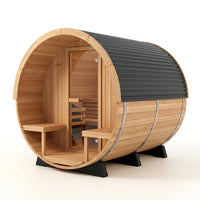 Outdoor Barrel Sauna Built for Premium Heat Therapy, 4-6 Person Cedar Construction, Electric Heater, Wi-Fi Control — Studio Shot