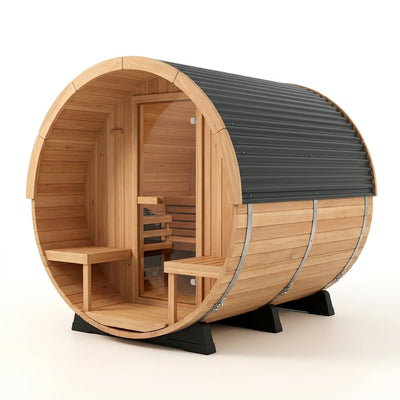 Outdoor Barrel Sauna Built for Premium Heat Therapy, 4-6 Person Cedar Construction, Electric Heater, Wi-Fi Control