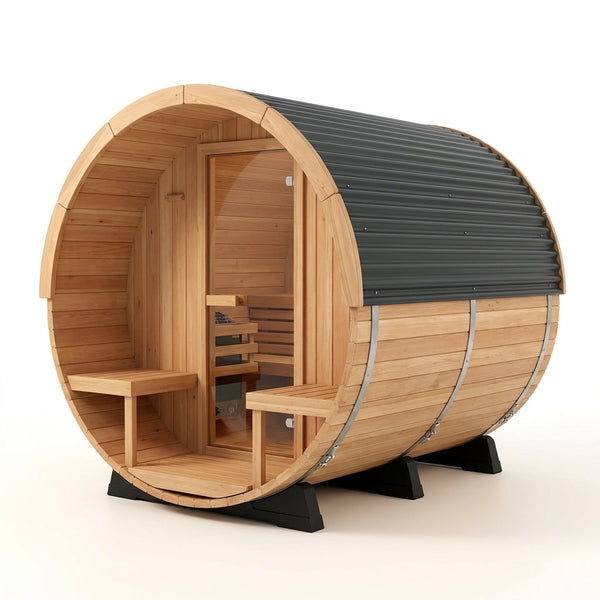 Outdoor Barrel Sauna Built for Premium Heat Therapy, 4-6 Person Cedar Construction, Electric Heater, Wi-Fi Control — Studio Shot