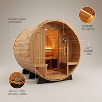 Outdoor Barrel Sauna Built for Premium Heat Therapy, 4-6 Person Cedar Construction, Electric Heater, Wi-Fi Control — infographic