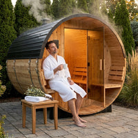 Outdoor Barrel Sauna Built for Premium Heat Therapy, 4-6 Person Cedar Construction, Electric Heater, Wi-Fi Control — Lifestyle