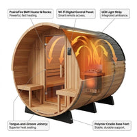 Outdoor Barrel Sauna Built for Premium Heat Therapy, 4-6 Person Cedar Construction, Electric Heater, Wi-Fi Control — How It Works