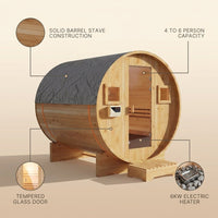 Outdoor Traditional Barrel Sauna | 4-6 Person Wood Sauna, Steam and Wet Sauna with 220V with 6KW Electric Heater, Sauna Stone — infographic