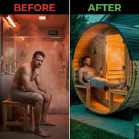 Paxton 4-6 Person Traditional Cedar Outdoor Barrel Sauna with Electric Sauna Heater, Front Porch, Sauna Rocks, Dry Heat, Steam Sauna, LED Lights, Wi-Fi Panel, Sauna Accessories — Before & After