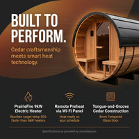 Paxton 4-6 Person Traditional Cedar Outdoor Barrel Sauna with Electric Sauna Heater, Front Porch, Sauna Rocks, Dry Heat, Steam Sauna, LED Lights, Wi-Fi Panel, Sauna Accessories — Results & Stats