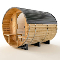 Paxton 4-6 Person Traditional Cedar Outdoor Barrel Sauna with Electric Sauna Heater, Front Porch, Sauna Rocks, Dry Heat, Steam Sauna, LED Lights, Wi-Fi Panel, Sauna Accessories — Studio Shot