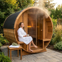 Paxton 4-6 Person Traditional Cedar Outdoor Barrel Sauna with Electric Sauna Heater, Front Porch, Sauna Rocks, Dry Heat, Steam Sauna, LED Lights, Wi-Fi Panel, Sauna Accessories — Lifestyle
