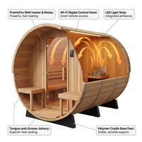 Paxton 4-6 Person Traditional Cedar Outdoor Barrel Sauna with Electric Sauna Heater, Front Porch, Sauna Rocks, Dry Heat, Steam Sauna, LED Lights, Wi-Fi Panel, Sauna Accessories — How It Works