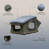 Rooftop Tent Hard Shell, Great View and Ventilation Tent for 2 Person Camping, Waterproof Uv-Resistant Blackout Privacy 4 Season Tent for Truck, Jeep, SUV, Van, Trailer - Orion 1 — infographic