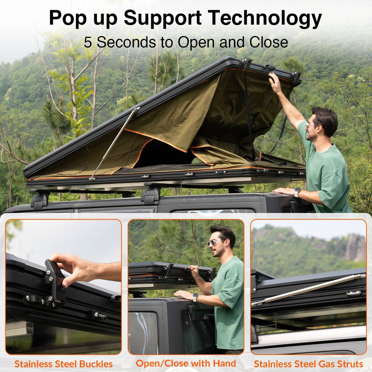 Adventurer Plus Rooftop Tent Hardshell with Side Awning, Air Conditioner Outlet with Bracket, & Replaceable Rain Flies, Truck Bed Tent for Camping, Pop Up Overland Roof Tents