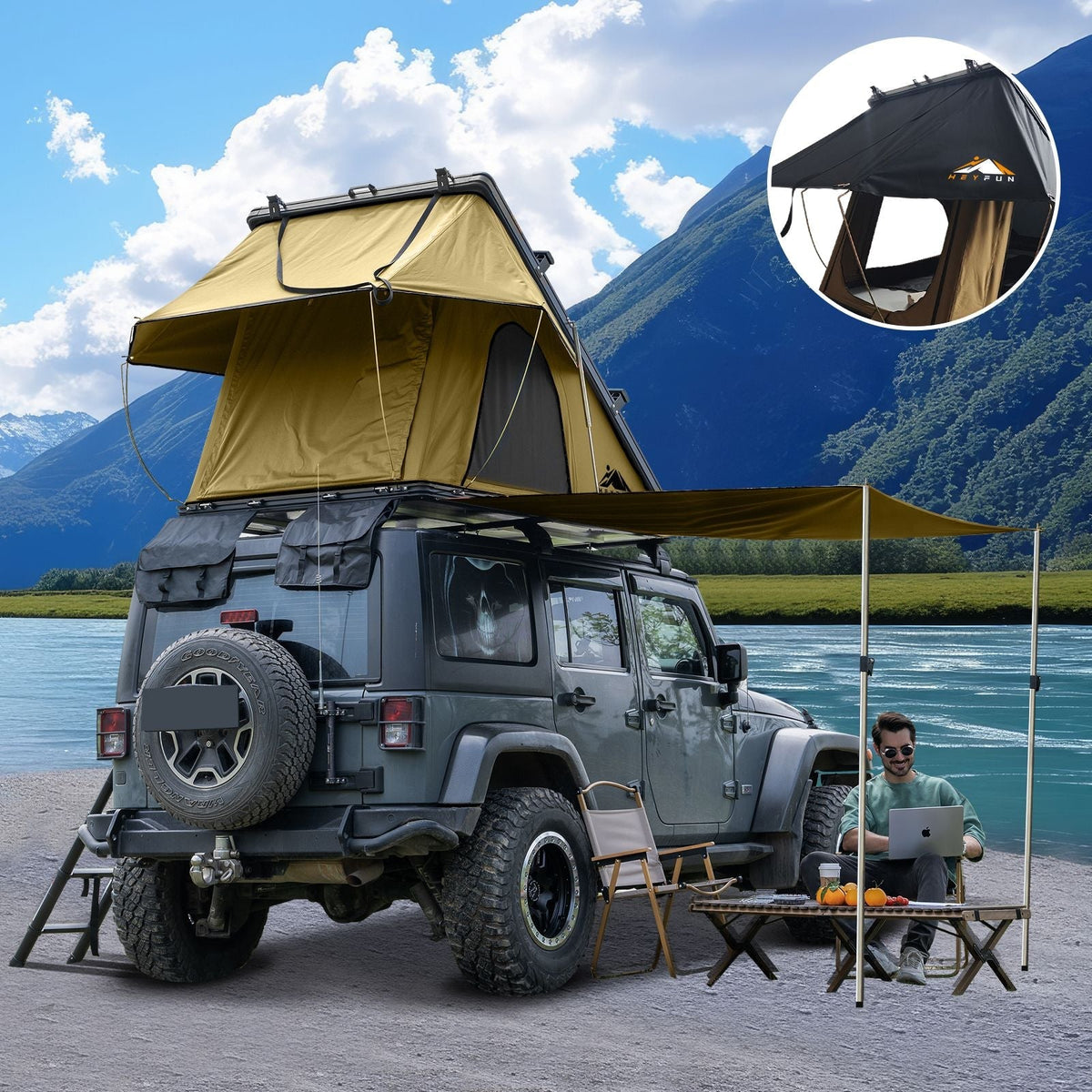 Adventurer Plus Rooftop Tent Hardshell with Side Awning, Air Conditioner Outlet with Bracket, & Replaceable Rain Flies, Truck Bed Tent for Camping, Pop Up Overland Roof Tents