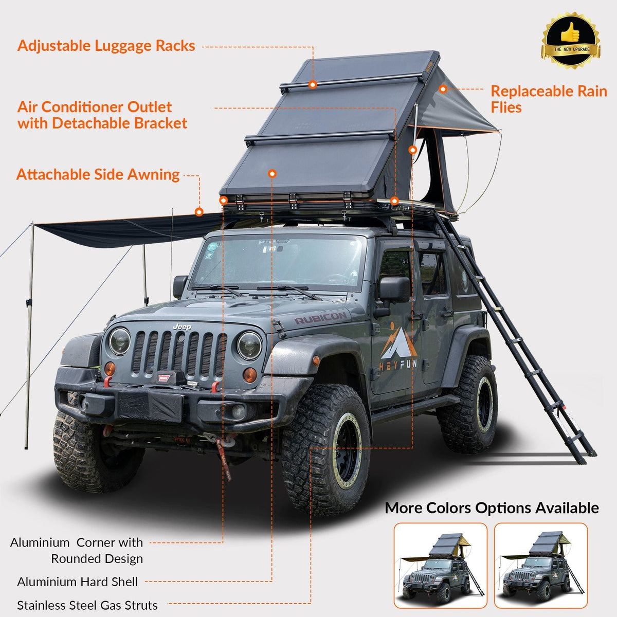 Adventurer Plus Rooftop Tent Hardshell with Side Awning, Air Conditioner Outlet with Bracket, & Replaceable Rain Flies, Truck Bed Tent for Camping, Pop Up Overland Roof Tents