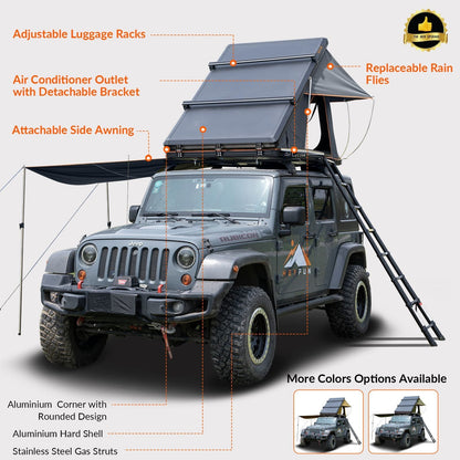 Adventurer Plus Rooftop Tent Hardshell with Side Awning, Air Conditioner Outlet with Bracket, & Replaceable Rain Flies, Truck Bed Tent for Camping, Pop Up Overland Roof Tents