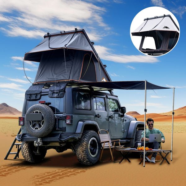 Adventurer Plus Rooftop Tent Hardshell with Side Awning, Air Conditioner Outlet with Bracket, & Replaceable Rain Flies, Truck Bed Tent for Camping, Pop Up Overland Roof Tents