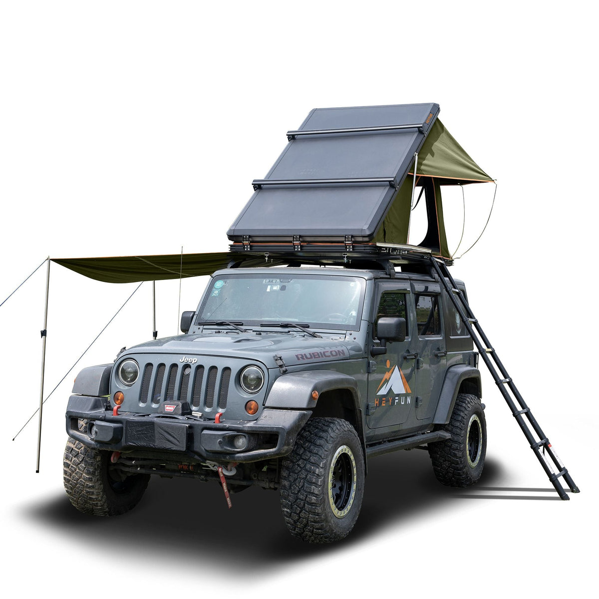 Adventurer Plus Rooftop Tent Hardshell with Side Awning, Air Conditioner Outlet with Bracket, & Replaceable Rain Flies, Truck Bed Tent for Camping, Pop Up Overland Roof Tents
