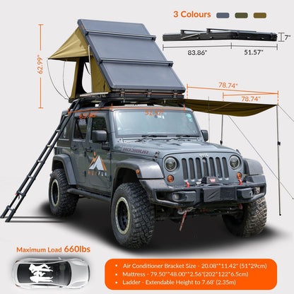 Adventurer Plus Rooftop Tent Hardshell with Side Awning, Air Conditioner Outlet with Bracket, & Replaceable Rain Flies, Truck Bed Tent for Camping, Pop Up Overland Roof Tents