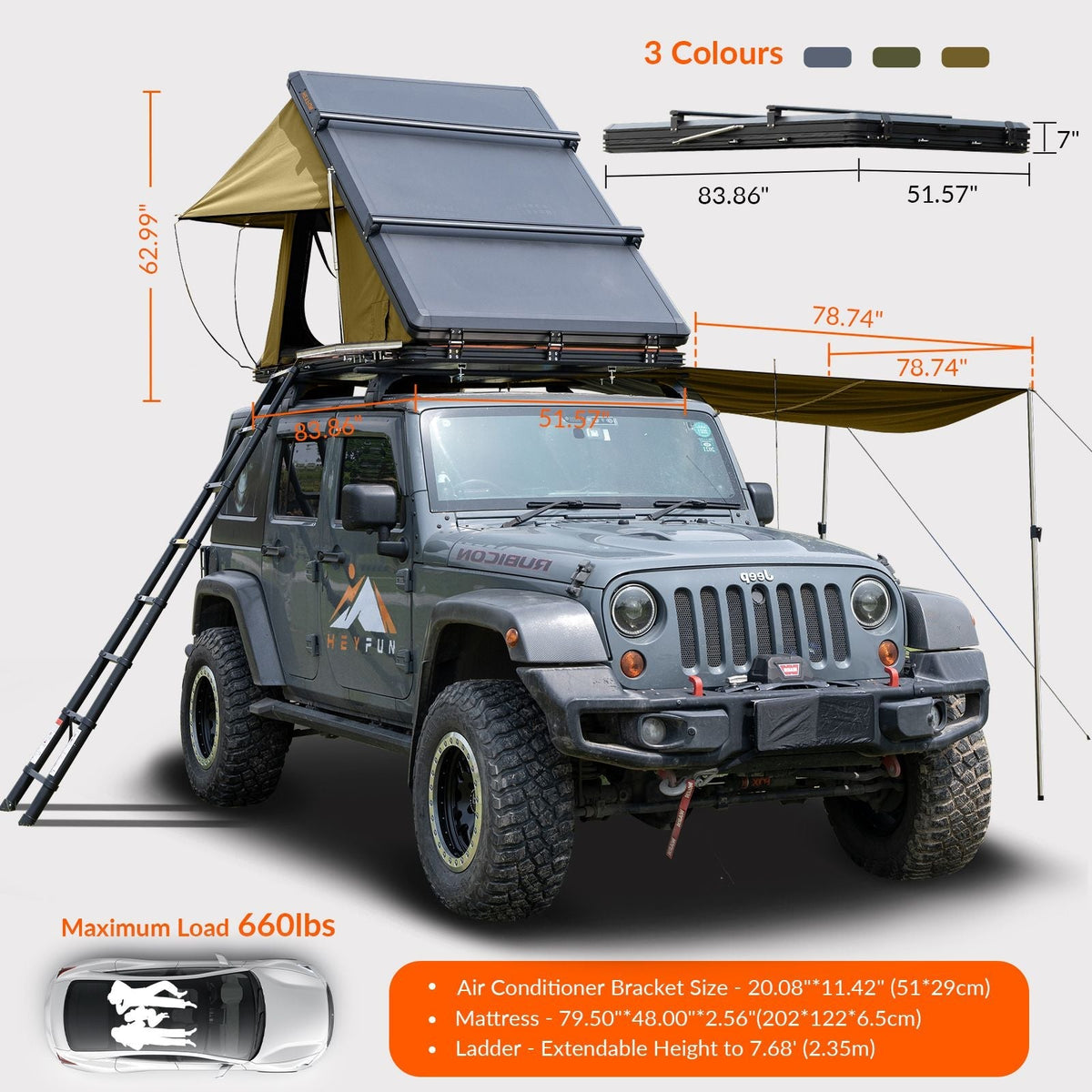 Adventurer Plus Rooftop Tent Hardshell with Side Awning, Air Conditioner Outlet with Bracket, & Replaceable Rain Flies, Truck Bed Tent for Camping, Pop Up Overland Roof Tents