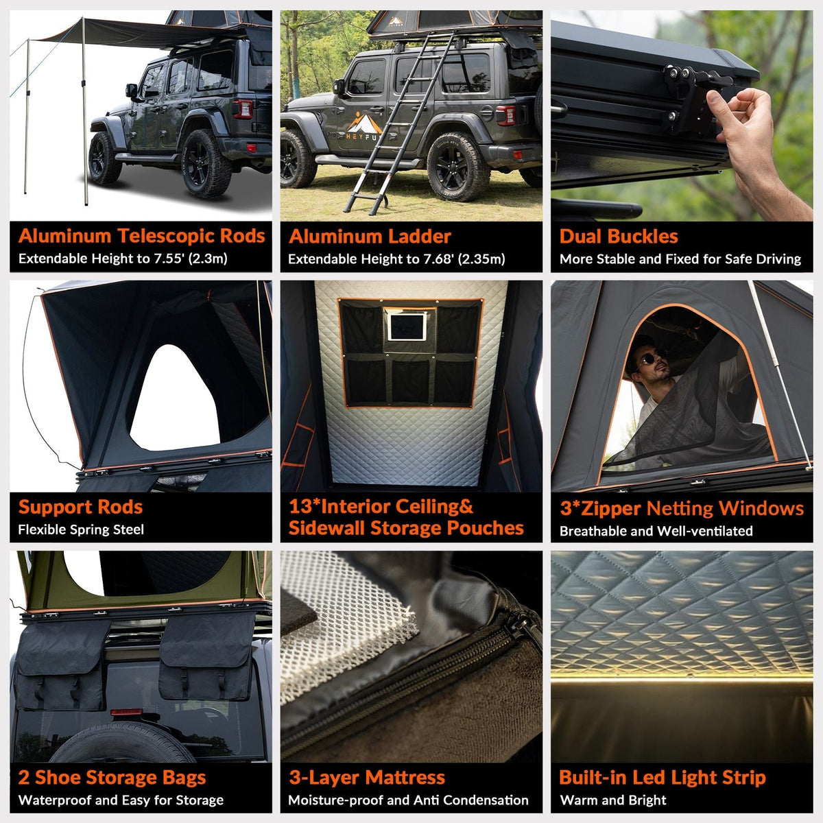 Adventurer Plus Rooftop Tent Hardshell with Side Awning, Air Conditioner Outlet with Bracket, & Replaceable Rain Flies, Truck Bed Tent for Camping, Pop Up Overland Roof Tents