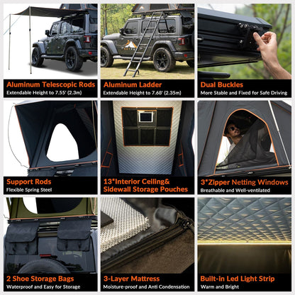 Adventurer Plus Rooftop Tent Hardshell with Side Awning, Air Conditioner Outlet with Bracket, & Replaceable Rain Flies, Truck Bed Tent for Camping, Pop Up Overland Roof Tents