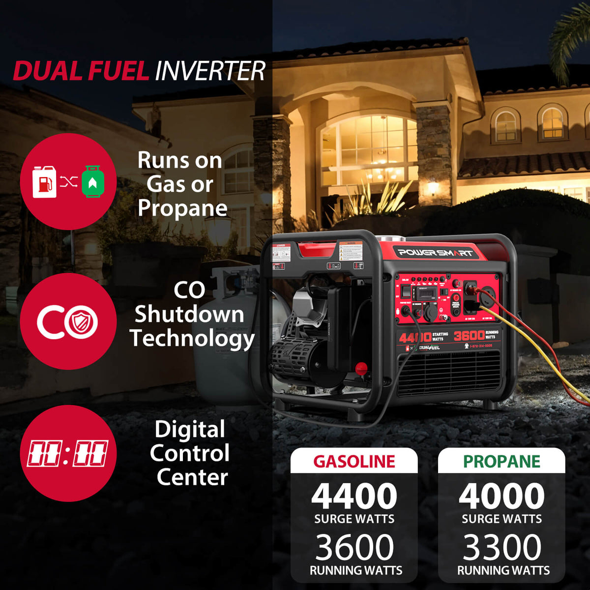 4400W Gasoline/Propane Dual Fuel Inverter Generator w/ CO Alert MB5040DC